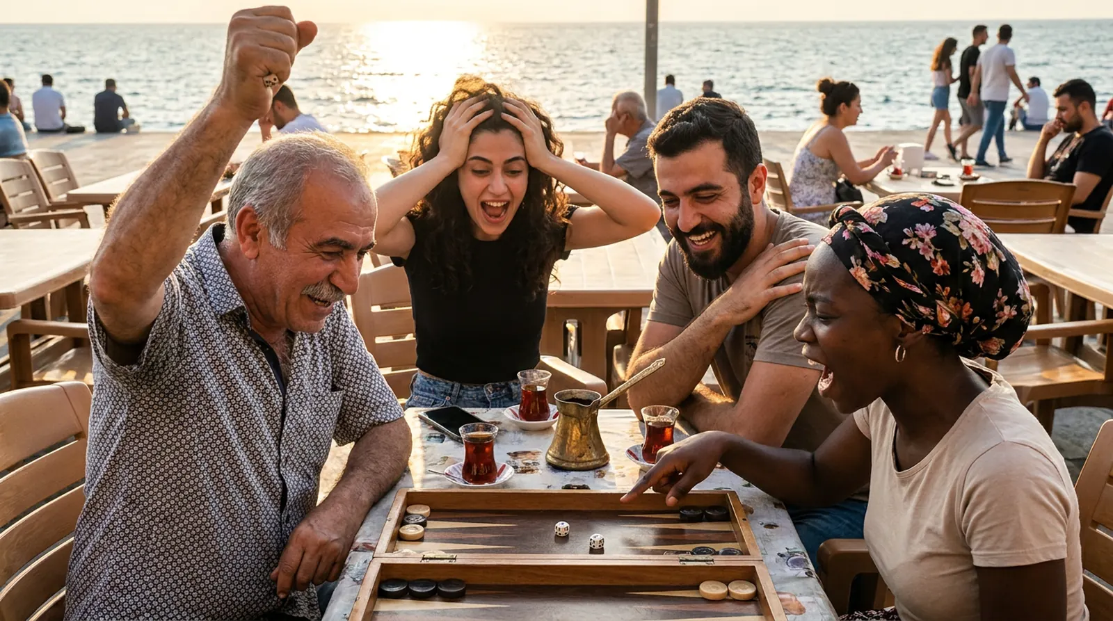 Four people at a seaside cafe table with tea glasses and a backgammon board: an older man raises a fist mid-slam, a young woman grabs her head in outrage, a man laughs, a woman points at the dice