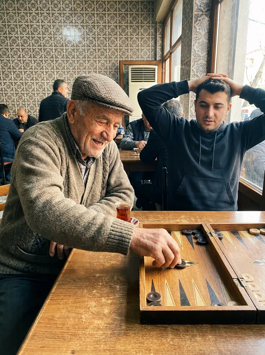 An elderly man in a flat cap slams a checker down on a wooden board with a huge grin while a younger man across the table holds his head in disbelief