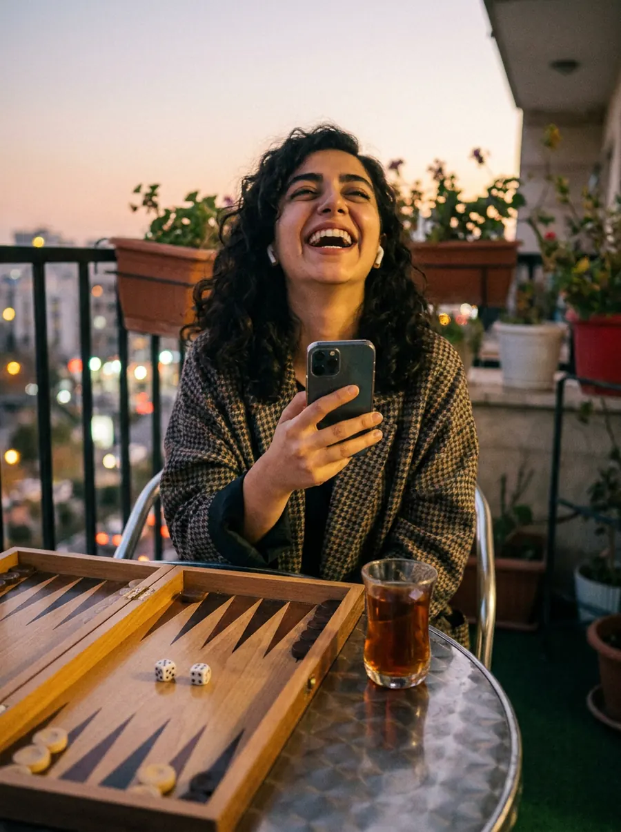 A young woman on a balcony at dusk laughing at her phone on a call, a small backgammon board and a glass of tea on the table beside her
