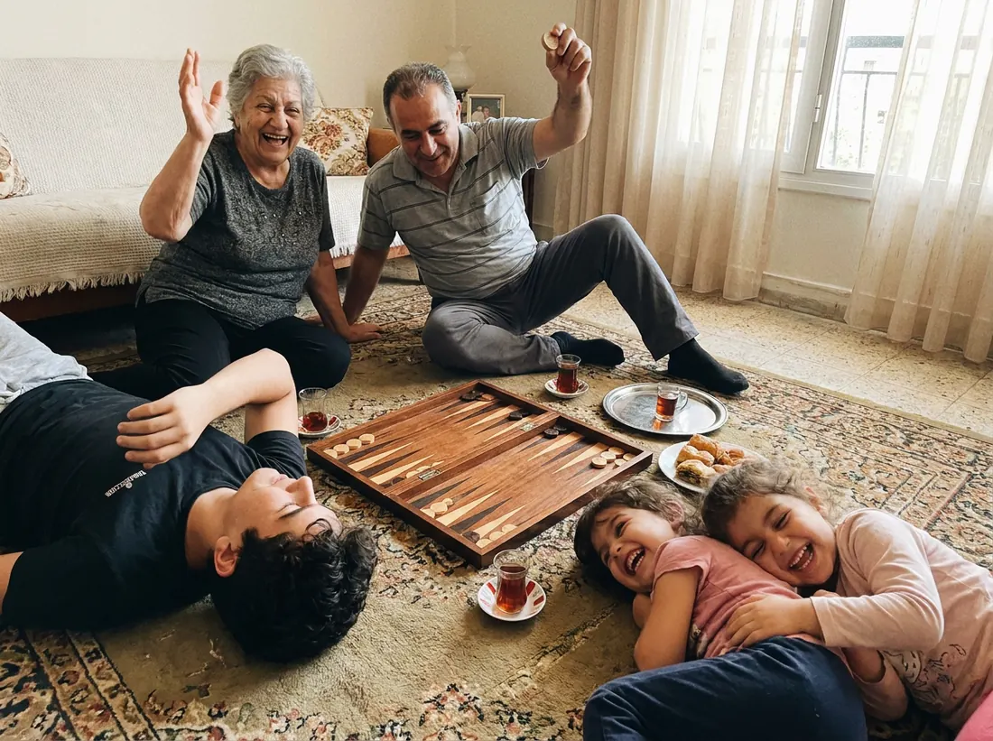 A family on a patterned carpet around a wooden backgammon board: a grandmother laughs, a father holds up a captured checker, a teenager lies back in despair, two kids shriek with laughter