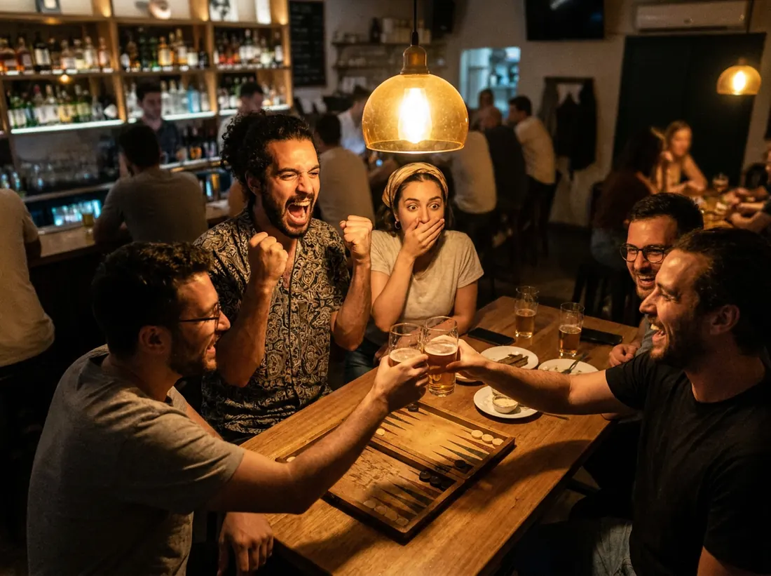 Friends around a high table in a dim bar at night: one silently screams with joy, one covers her mouth in disbelief, two clink glasses