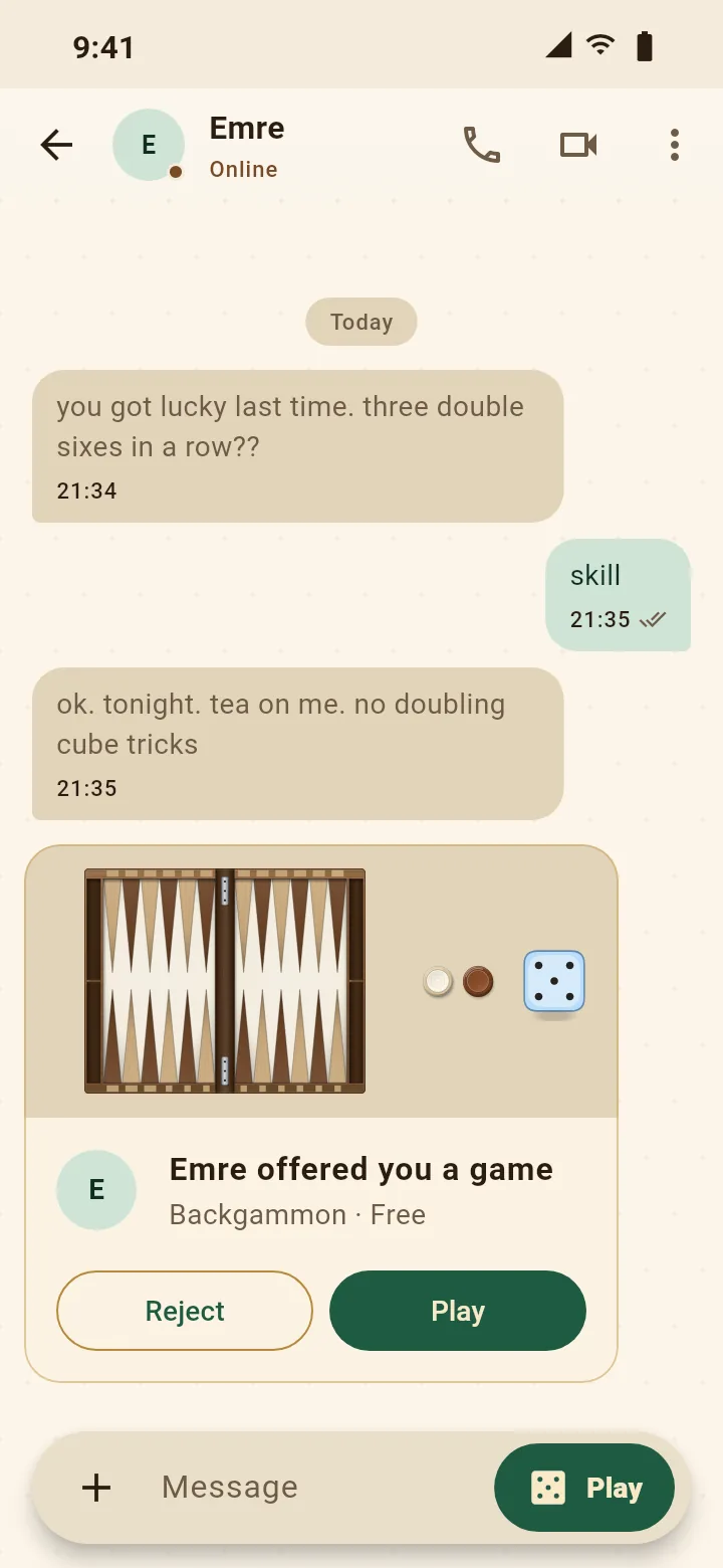 BackgammonTalk: a chat with a game invite from Emre