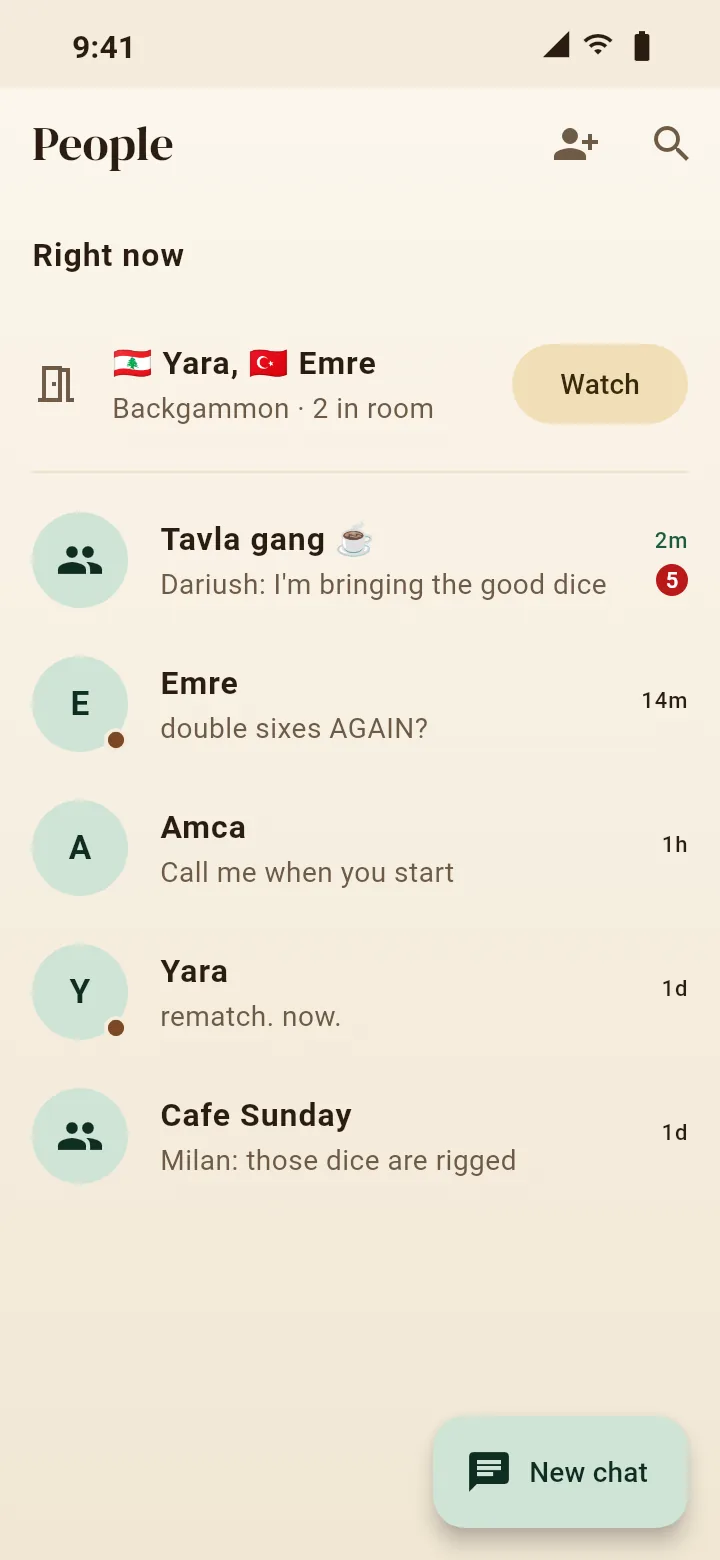 BackgammonTalk: your people, who's in a game right now, and your chats