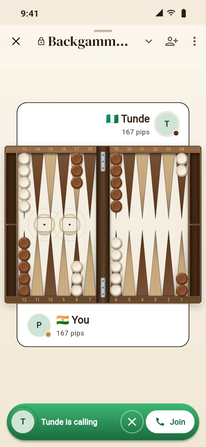 BackgammonTalk: a game on a live call, with Tunde calling the room